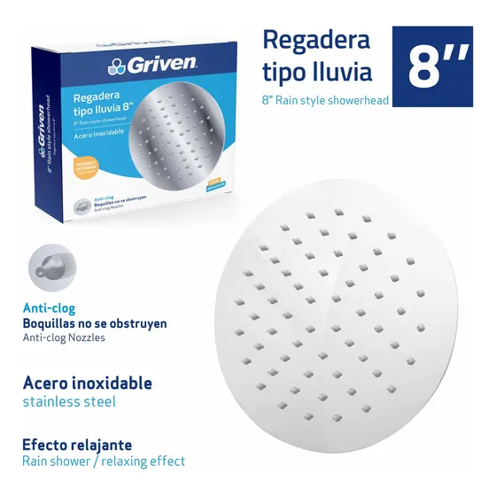 Regadera Redonda Plana 8 Pulgadas Sin Tubo