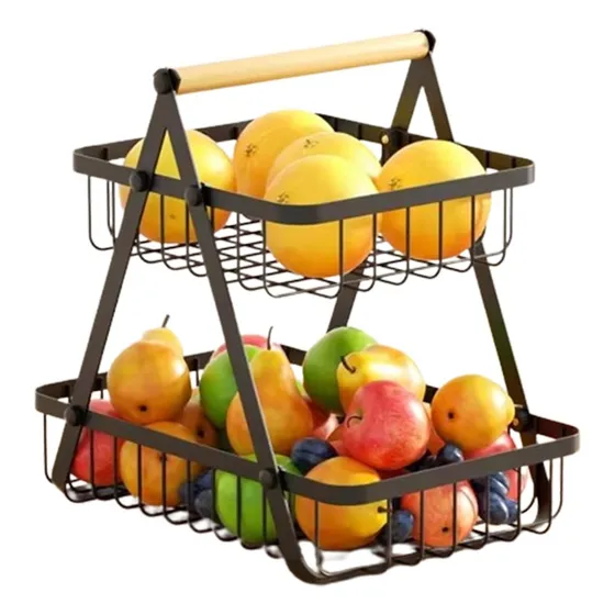 Frutera Panera Organizador Metal Dos Niveles Mango Madera