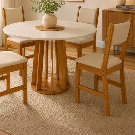 Conjunto Sala De Jantar Mesa Melody 90x90 Mel/blonde Sem Vidro + 4 Cadeiras Lugano Freijó Marfim