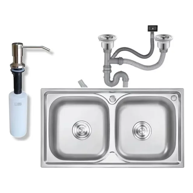 Pileta Doble De Acero Inox Sobreponer + Valvulas+dispensador