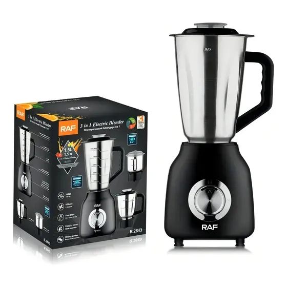 Licuadora 3 En 1 Vaso Metal De Alta Calidad 1,5lts Raf R2843 Color Negro Con Plateado