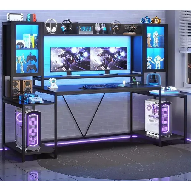 Escritorio Gamer Led Grande Con Gabinete Con Puertos Carga Negro