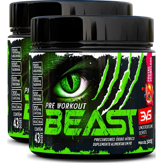 2 Potes Do Pré Treino Beast 300g - Sabor: Frutas Vermelhas - Promove Vasodilatação Recuperação Energética Aumento De Óxido Nítrico Desintoxicação E Melhora De Concentração E Foco