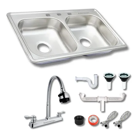 Fregadero Tarja Tina Doble Acero Inox 84×48 Con Kit Mez Flex