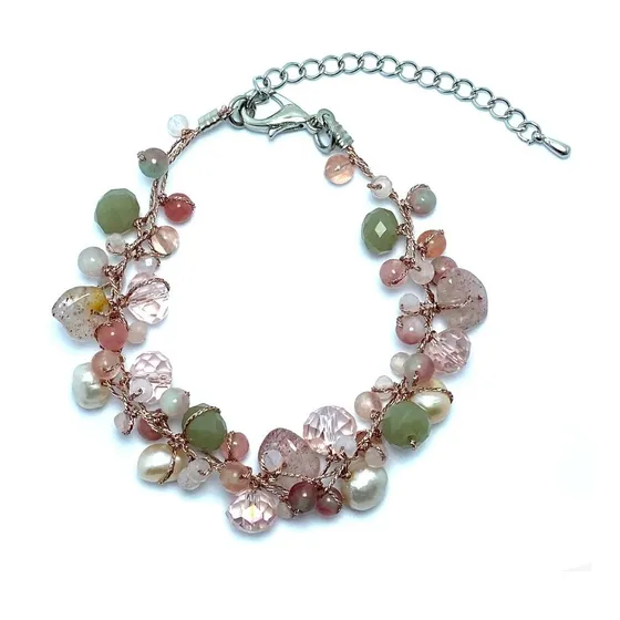 Pulsera Cuarzo Rosado Perla Río Cristal Hilo Seda