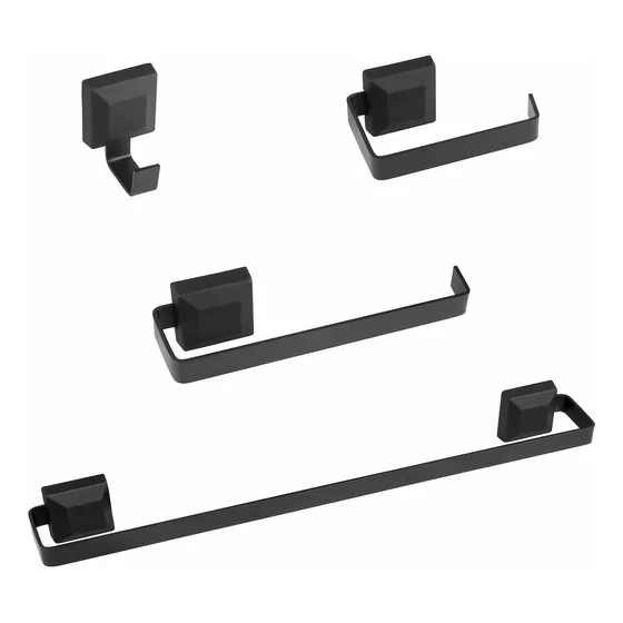Universo Das Torneiras Kit Acessórios Banheiro 4 Peças Quadrado Preto Suporte Toalha
