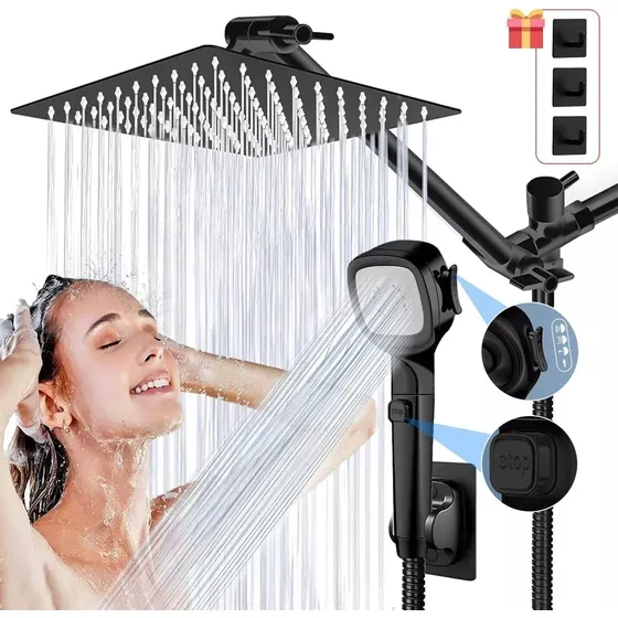10'' Regadera Cuadrada+ Ducha Acero Inoxidable Alta Presióna Acabado Mate Color Negro
