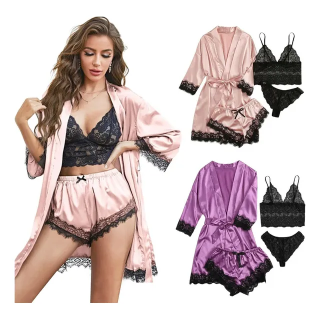 Az. Conjunto De Pijama De Encaje Sexy Para Mujer De 4 Piezas