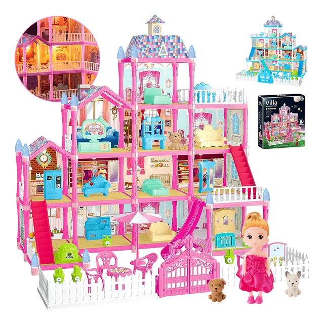 Casita Casa De Muñecas para Niñas Casita de Juguete Barbie Castillo de Princesa con Luces 13 Habitaciones 4 Pisos 2 Balcones Tobogán Mueble 2 Cachorros Regalos para Ninos de Juguete