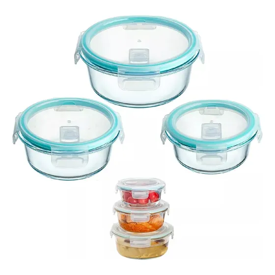 Set X3 taper hermetico de vidrio microondas horno freezer heladera sin derrame vianda lunchera Levys Bazar redondos juego recipientes cocina