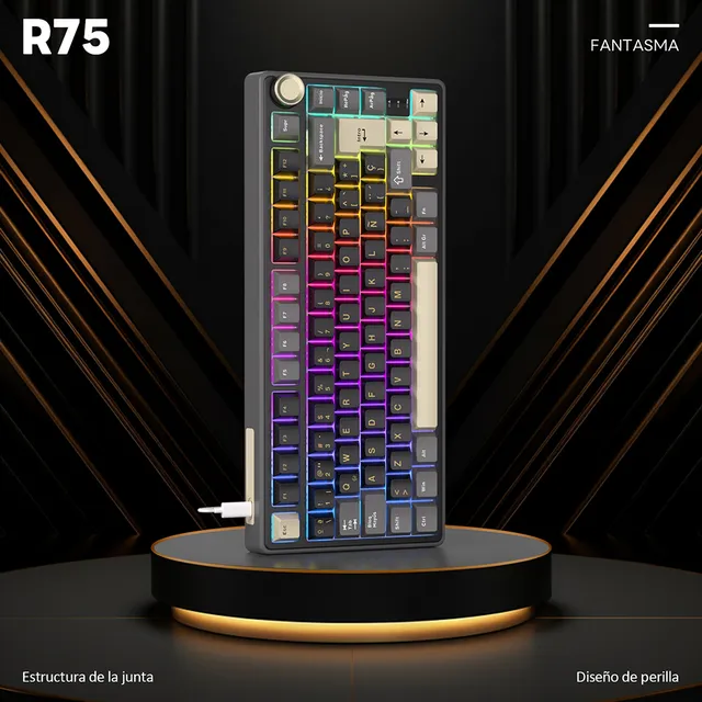 Teclado mecánico Rk Royal Kludge R75 Phantom español, 75% tamaño, cableado, retroiluminación RGB, perilla de volumen, switches Silver intercambiables en caliente.