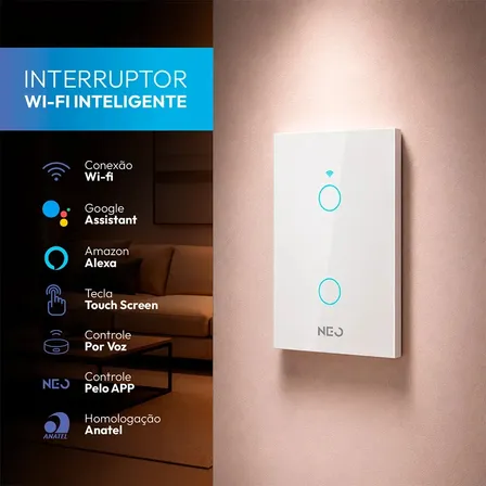 Interruptor Inteligente Smart Wi-fi 2.4 Ghz Alexa Google 2 Botões 4x2 Bivolt Branco Cod: 291990374 Neo Avant Branco 2 127/220v