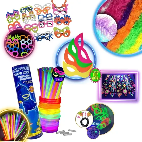 Kit Balada Festa 150 Pçs Óculos Tiara Pulseira Neon E Marabu