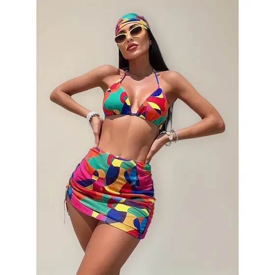 Traje De Baño 4 Piezas Mosaico Colores, Tanga Hilo Talla M Rojo Floral Floreado M