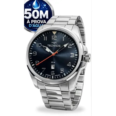 Relógio Technos Masculino Quartz Analógico Aço Inoxidável Prateado Fundo Preto