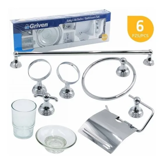 Juego O Accesorios De Baño 6 Piezas Metalico Cromado