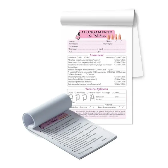 Kit Bloco Ficha De Anamnese + Cuidados Alongamento De Unhas