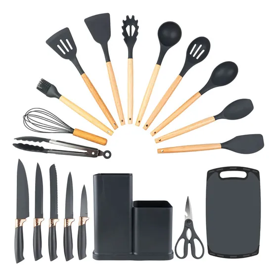 Juego De Cucharones Cocina Cuchillos Tabla Tijera 21 Piezas