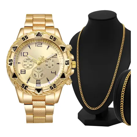Relógio Masculino Quartzo Prova D'água Kit Corrente Pulseira Dourado
