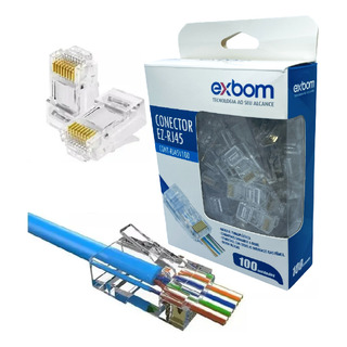 Conector Rj45 Macho Cat5e Comp. Cat6 Cabo Rede Vazado 100un Conector Rj45 Macho Cat5e Comp. Cat6 Cabo Rede Vazado 100un