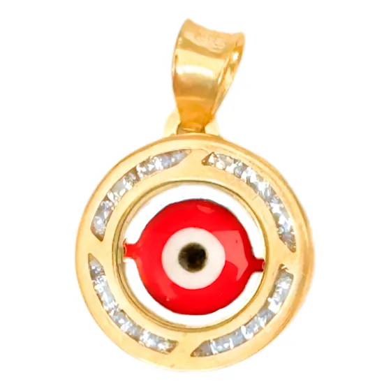 Dije Medalla Ojo Turco Rojo Proteccion 2cm Vibras Oro 10k