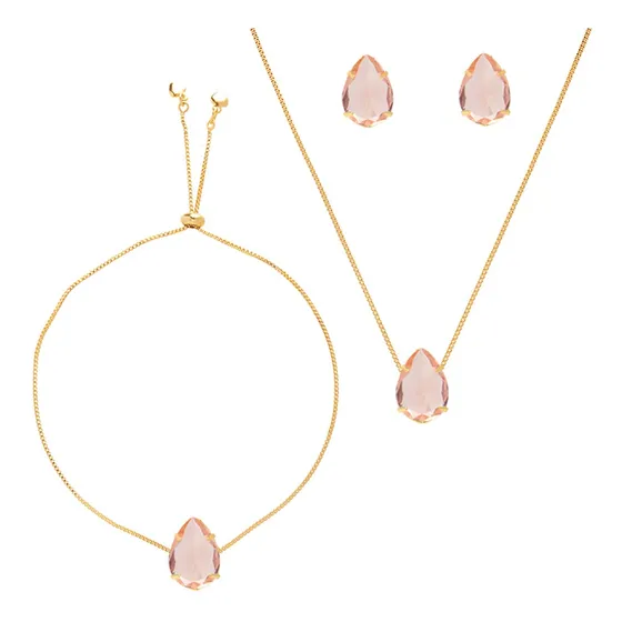 Conjunto Pulseira Brinco Colar Gota Âmbar Folheado Ouro 18k