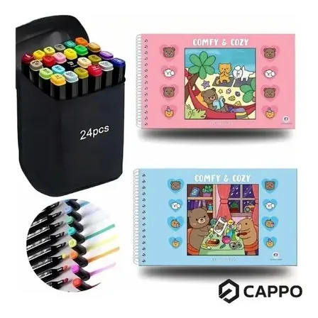 Livro De Colorir Comfy E Cozy 50 Páginas+ Kit 24 Canetinhas Hidrográfica Touch Ponta Dupla Fofa Tiktok Bob Good - Cappo
