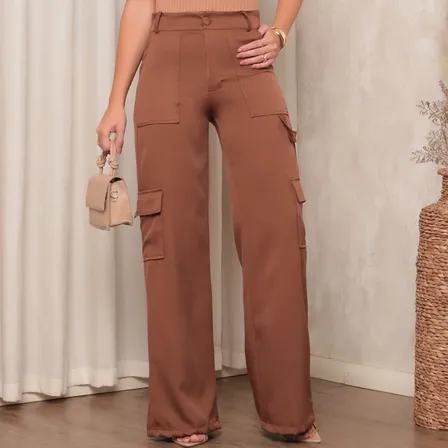 Calça Pantalona Alfaiataria Feminina Cargo Wide Leg