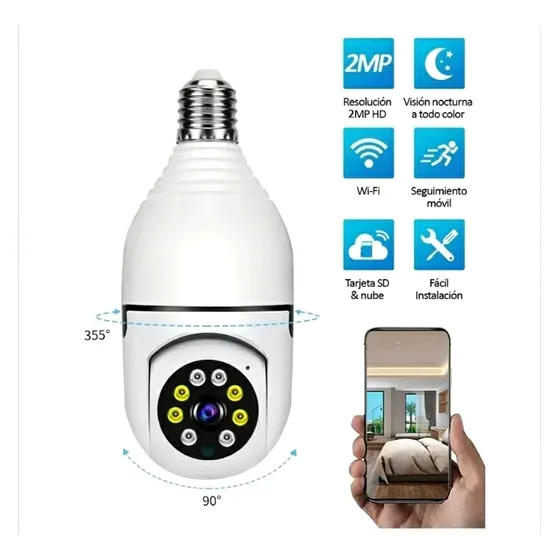 Cámara Tipo Bombillo Ip Wifi E27 Ptz Visión Nocturna 2mp Hd