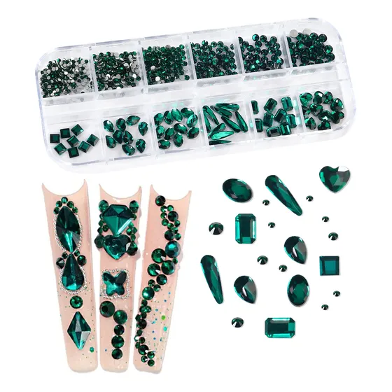 Decoración De Uñas Con Diamantes De Imitación En 3d, Verdes,