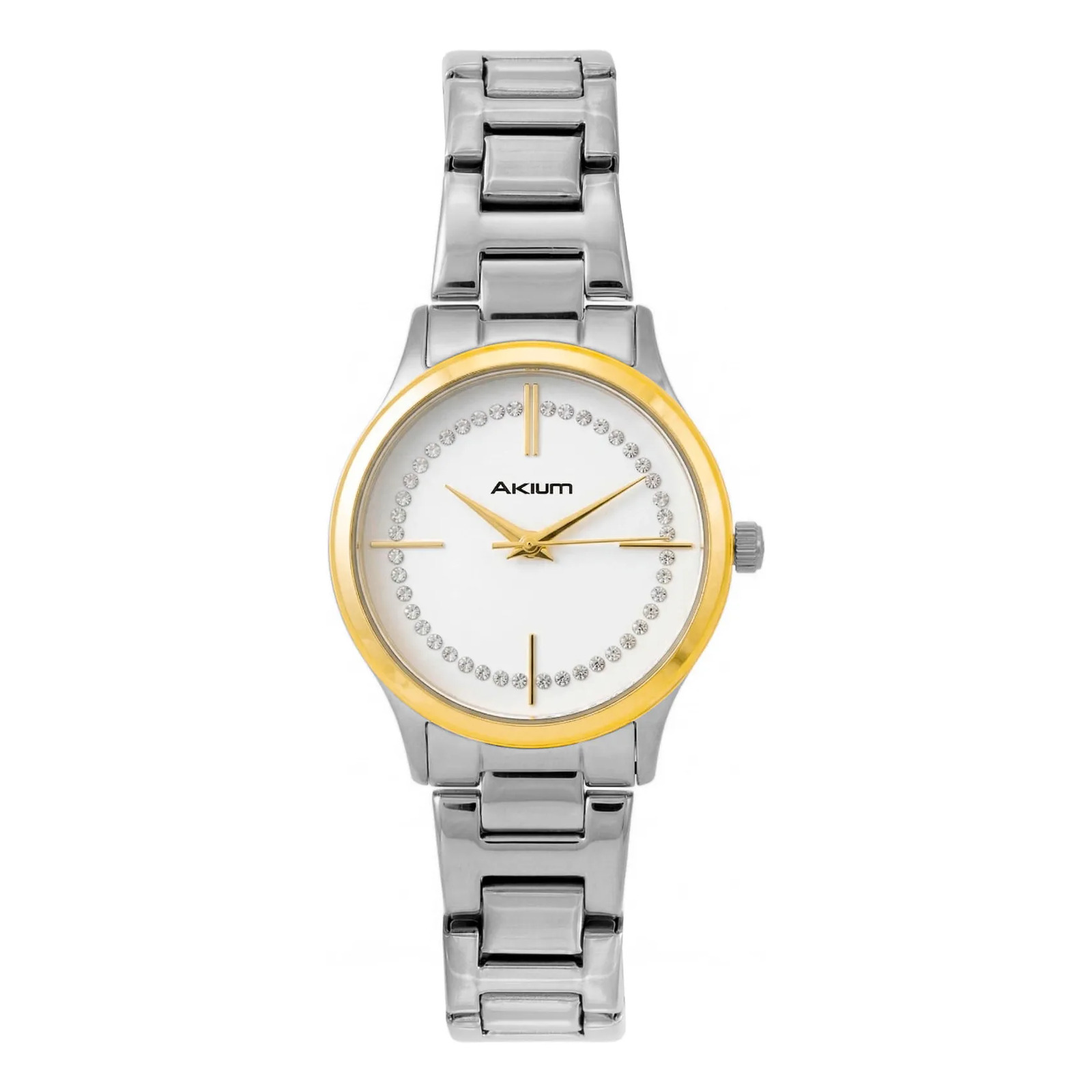 Relógio feminino Akium com pulseira de aço prateado, caixa bicolor em dourado e mostrador branco com detalhes em pedrarias