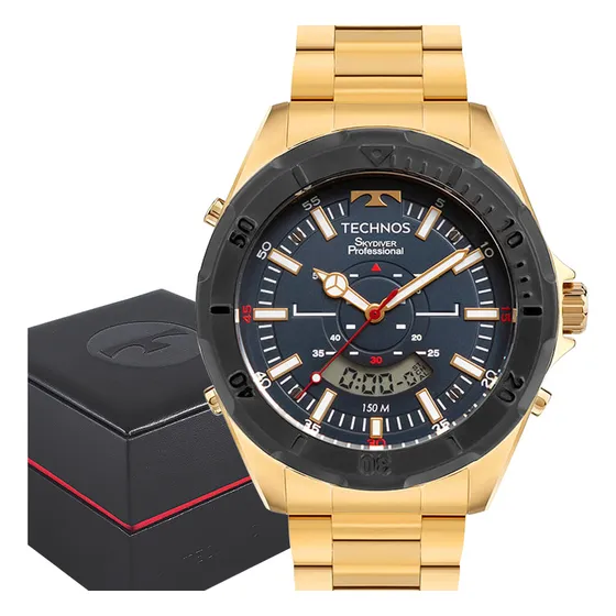 Relógio Masculino Technos Skydiver Professional Anadigi Dourado Prova Dágua