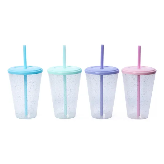 25 Vasos Tini Glitter Con Tapa Y Sorbete 420cc Souvenir