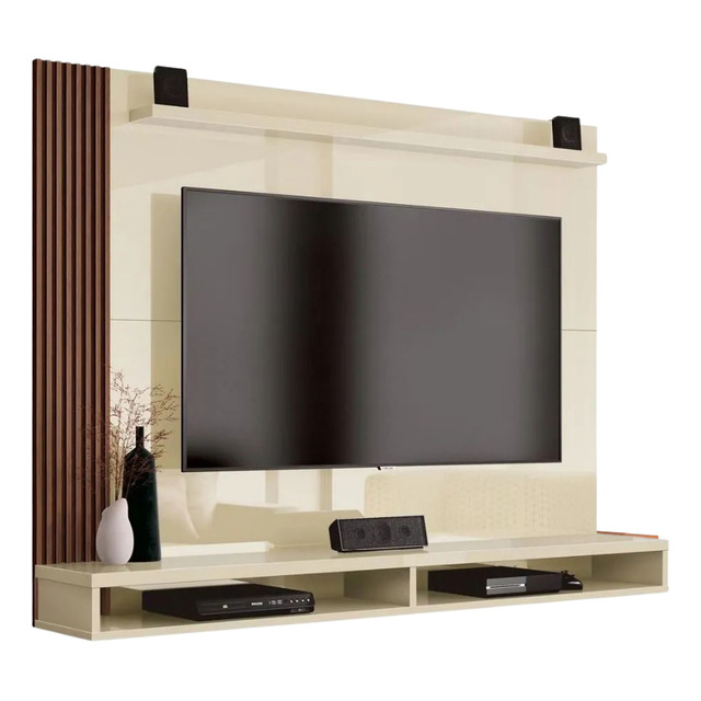 Painel Para Tv Até 50 Polegadas Dijon Ripado Com Prateleira Off White / Naturale