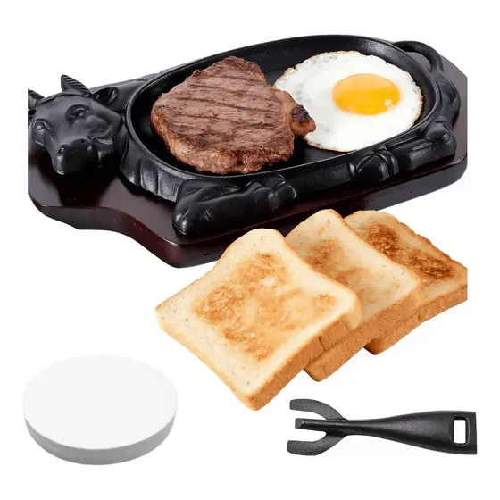 Plancha Plato De Fierro Fundido Con Base De Madera Y 1 Pinza