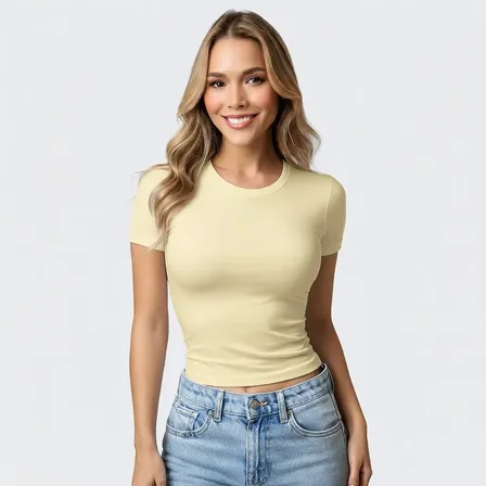 Blusas Baby Look Feminina Slim Fit Manga Curta Baby Tee