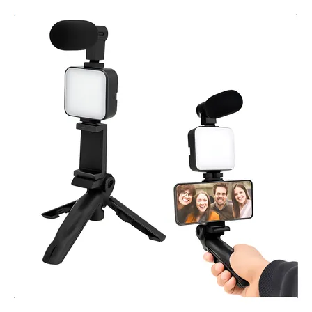 Kit Live Youtuber Vlog Tripé Celular Suporte Led E Microfone Preto
