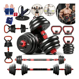 Mancuernas Pesas Barra Recta Ejercicio Kit Ajustable 15 Kg Rojo
