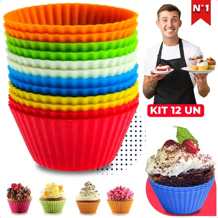 Kit 12 Formas De Silicone Cupcake Empada Muffin Bolinho Pão De Queijo Resistente Reutilizável Para Forno Air Fryer Microondas Assadeira Freezer Antiaderente Homeroarte Mista