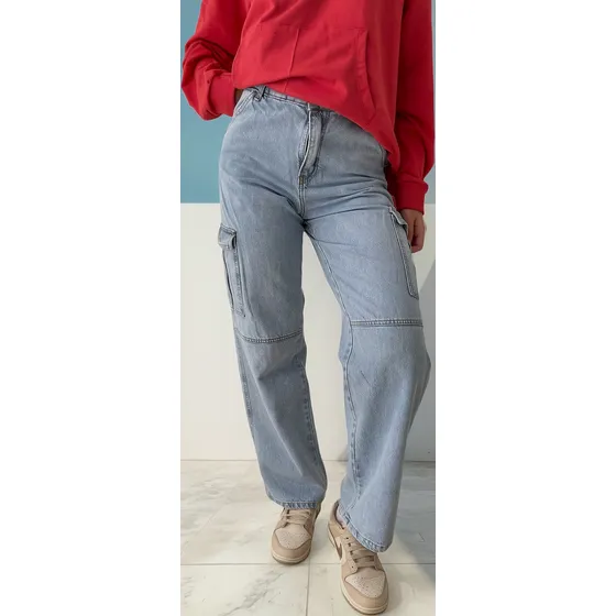 Cargo Jeans Mujer Rigido Celeste Tiro Medio Alto Denim.
