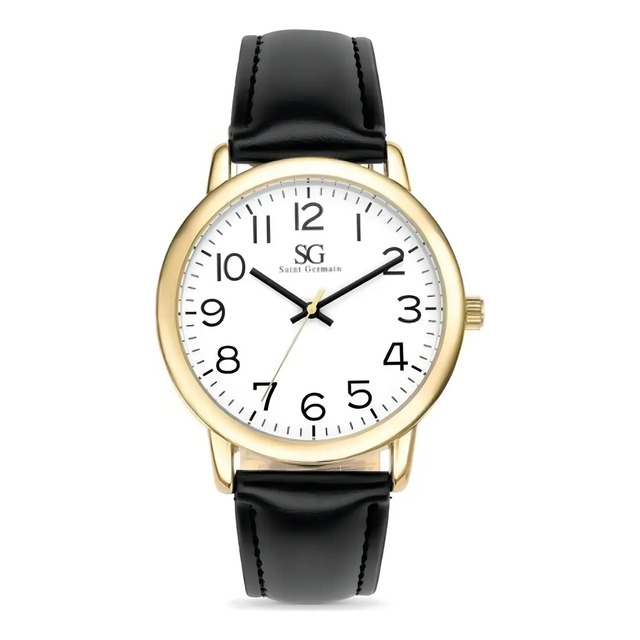 Relógio Masculino Dourado Saint Germain Correia De Couro Preto Caixa Dourada Fundo Branco ...