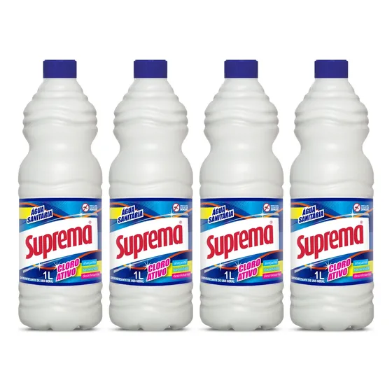 4 Unid. Água Sanitária Suprema 1 Litro Limpeza Cloro Ativo