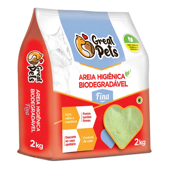 Areia Biodegradável de Milho e Mandioca Fina Great Pets 2kg