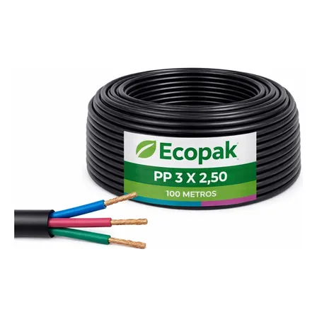 Cabo Pp Flexível 3 Vias 3x2,5mm 100m Preto Pvc 500v Estensao 100 Metros