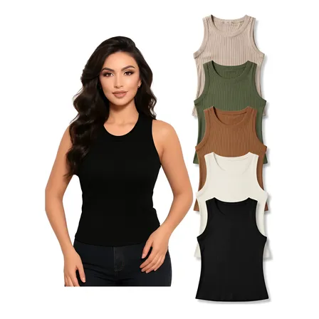 Kit 5 Blusinhas Regata Canelada Feminina Estilo E Charme