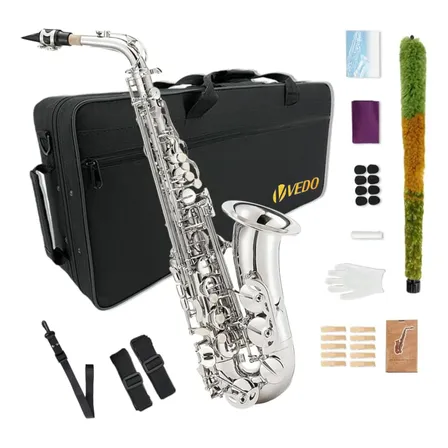 Vedo Kit Saxofone Alto Em Mi Bemol Com Boquilha E Estojo Prateado