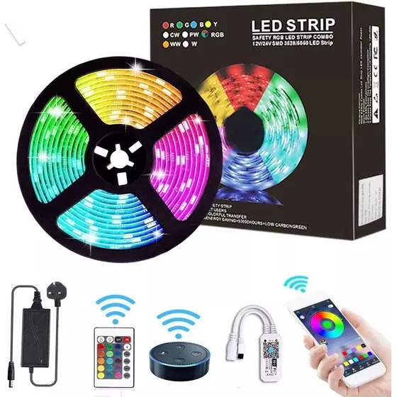 Tira Luces Led Rgb Con Transformador Exterior Autoadhesivas