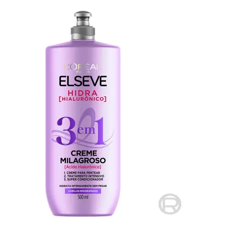 Creme De Tratamento 3 Em 1 Hidratação Intensa Com Ácido Hialurônico E Controle De Frizz Hidra Hialurônico Elseve 500ml