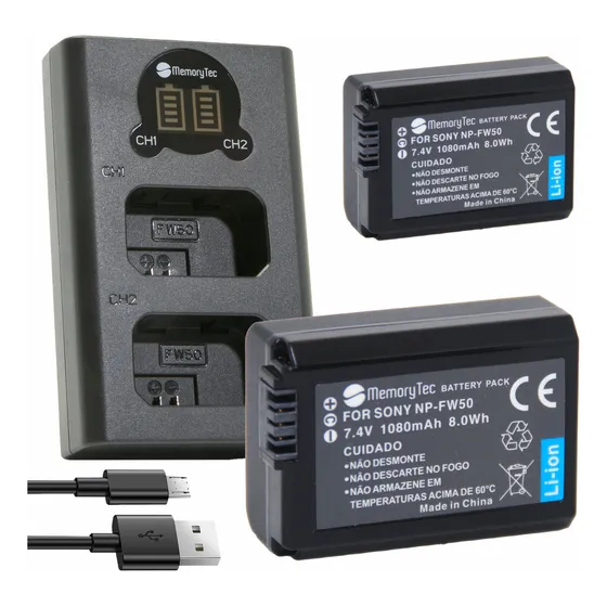 2 Bat-eria Np-fw50 Carregador A6400 Nex-3 A6500 Nota Fiscal