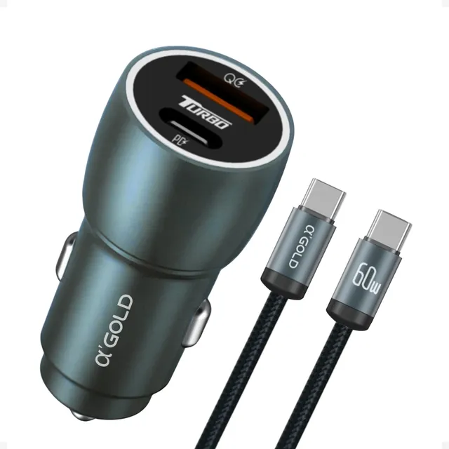 Carregador Veicular Turbo 60w Usb E Usb-c Pd Com Cabo Tipo-c